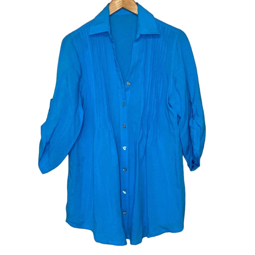 Fridaze 100% Linen Roll Tab Button Up Turquoise S… - image 1